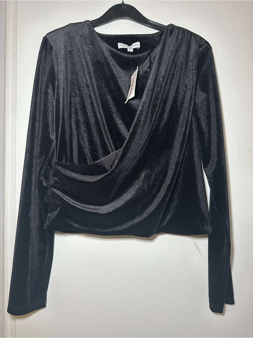 Wayf Black Velvet Draped V-Neck Long Sleeve Top